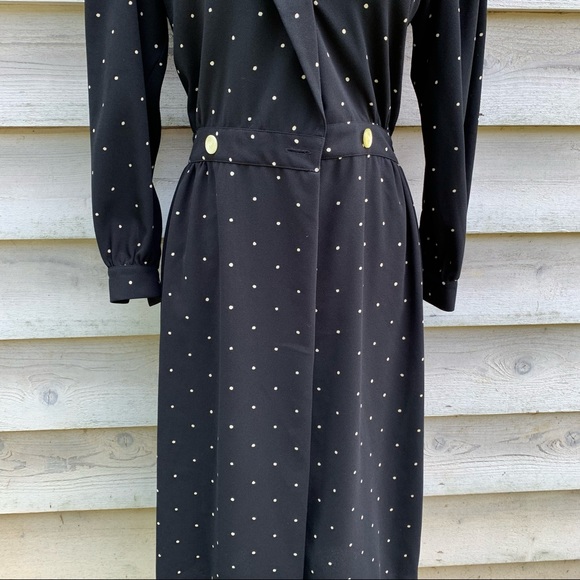 Vintage 80s Polka Dot Print Button Front Long Sleeve Collared Midi Wrap Dress - Picture 8 of 16
